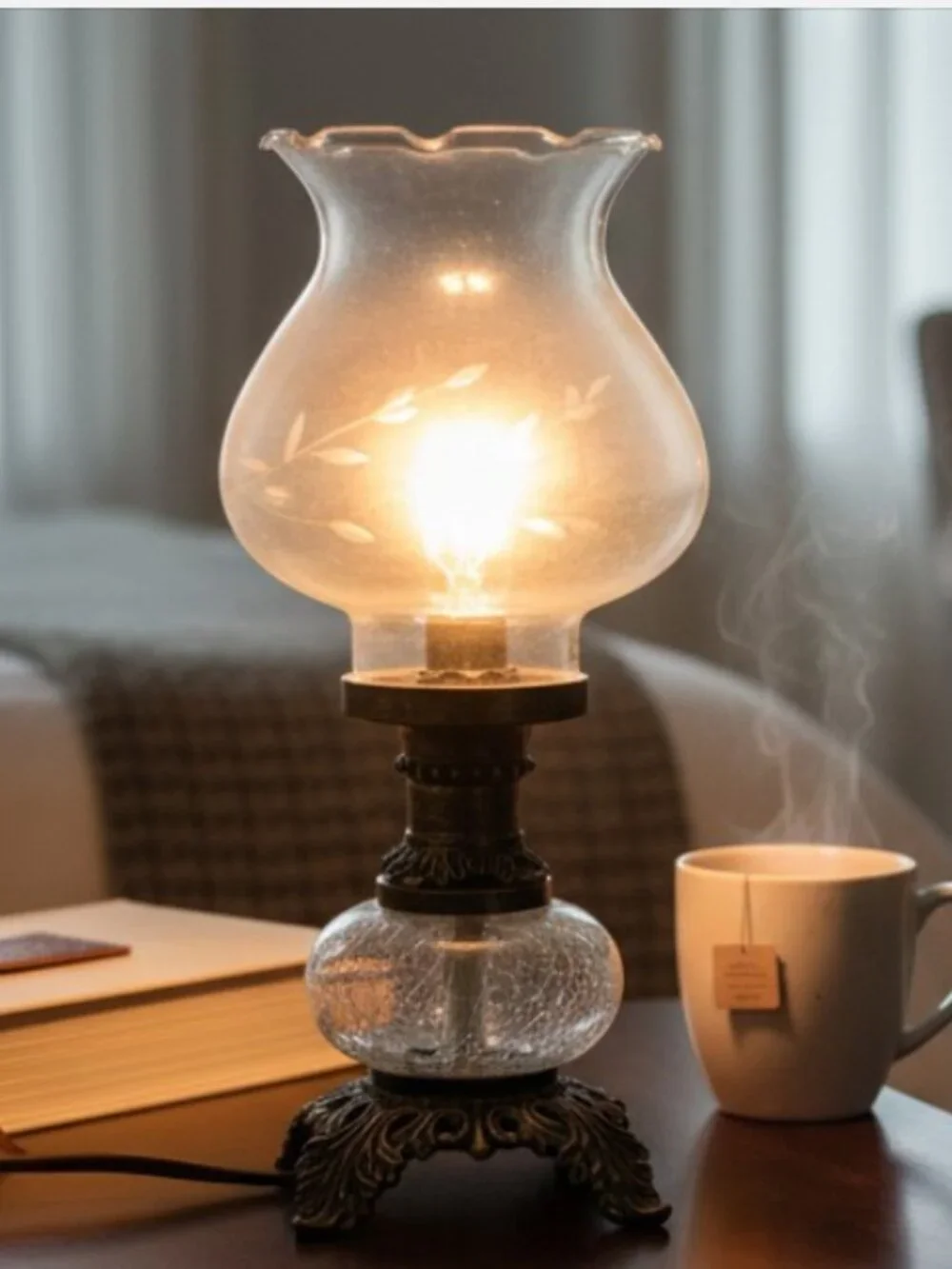 HURRICANE LAMP -- Etched Glass Shade, Crackle Glass Base, Electric, Vintage